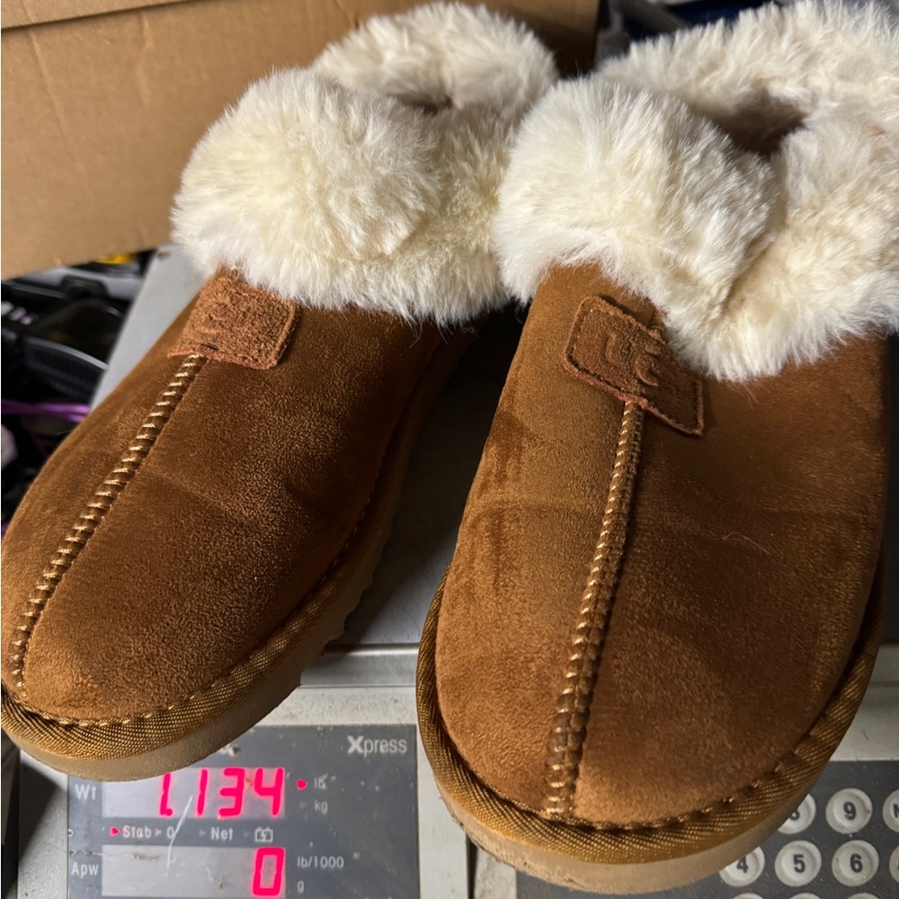 UGG Chestnut Suede Slippers with Cream Fur